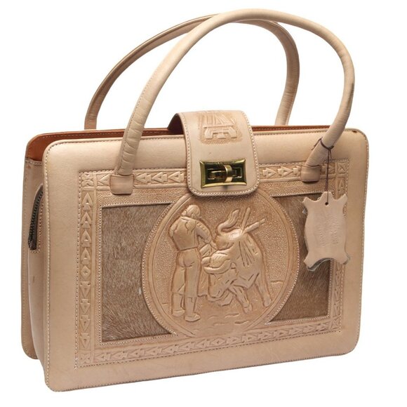 Vintage Mexican Tan Tooled Leather Handbag Purse Mayan Art Bull Retro Top Handle - Picture 16 of 16